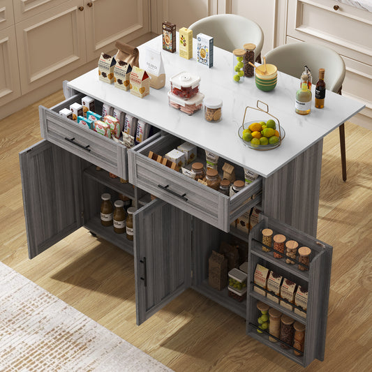 129x46(71)x91.5(95)cm Dining Cart/Dining Sideboard, White Marble Countertop and Khaki Gray Wood Grain Cabinet/Extendable Countertop/Storage Door Design/Wheels/Solid Wood Legs Switchable/Ideal for Home
