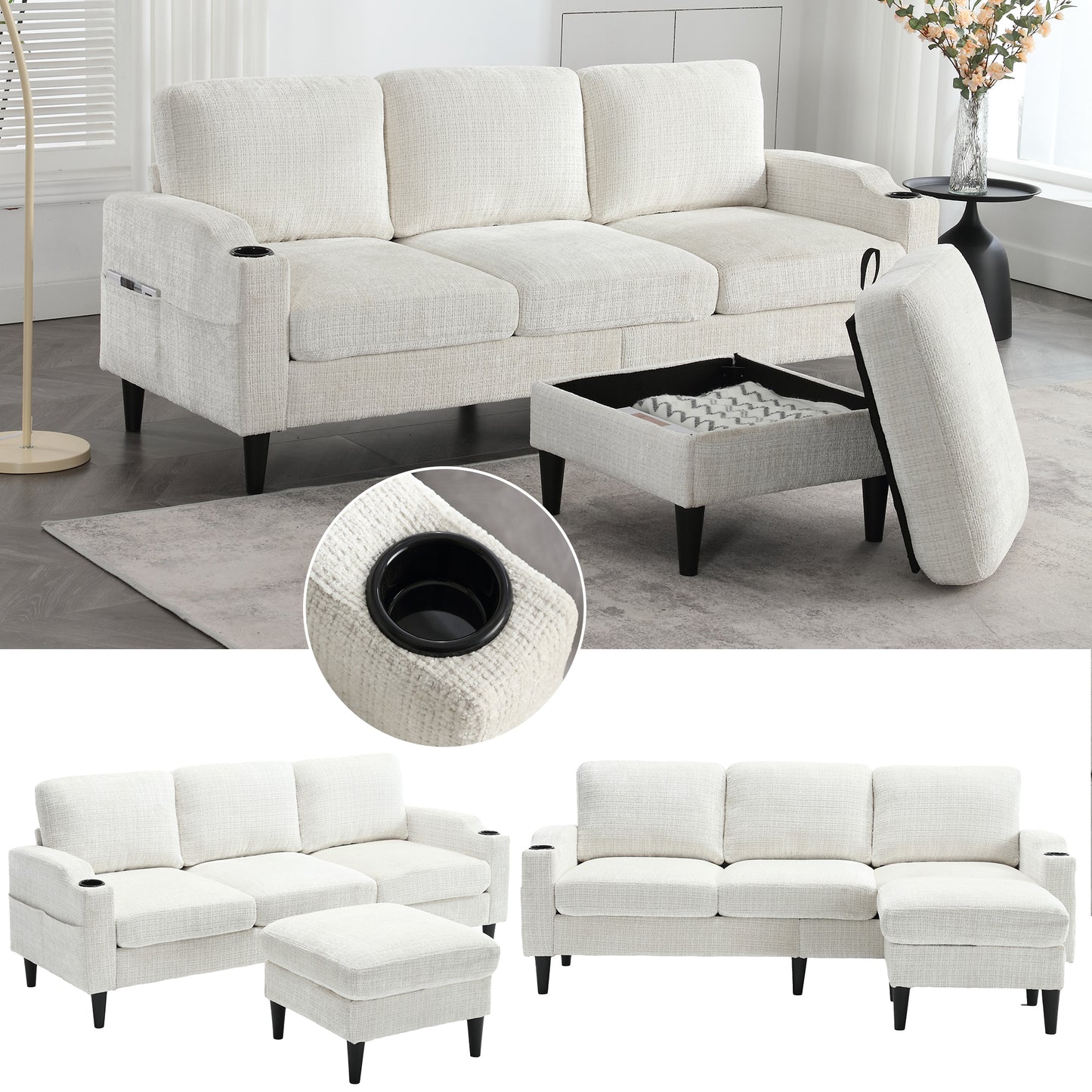 Gigab2b original image - Elegantes Sofa mit Hocker & Stauraum – 4-Sitzer mit bequemen Armlehnen, Getränkehalter, Seitentaschen & robusten Kunststofffüßen, Samtbezug für hautfreundlichen Komfort