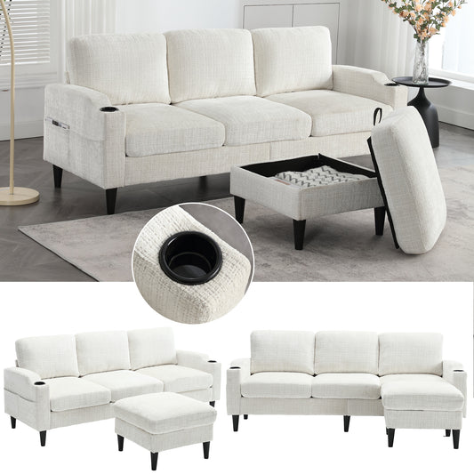 Gigab2b original image - Elegantes Sofa mit Hocker & Stauraum – 4-Sitzer mit bequemen Armlehnen, Getränkehalter, Seitentaschen & robusten Kunststofffüßen, Samtbezug für hautfreundlichen Komfort