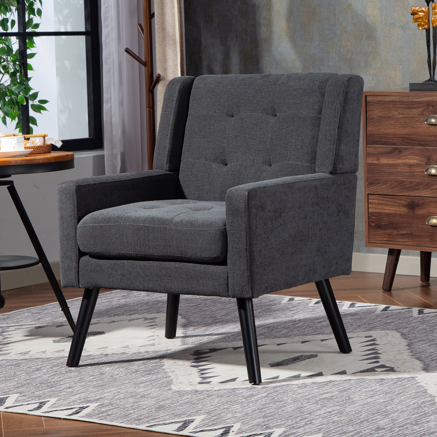 Gigab2b original image - Polsterstuhl mit Knopfpolsterung aus Wildleder – Mid-Century-Modern-Sessel mit Hochdichtschaumkissen und Massivholzbeinen für kleine Räume: Wohnzimmer, Schlafzimmer, Büro