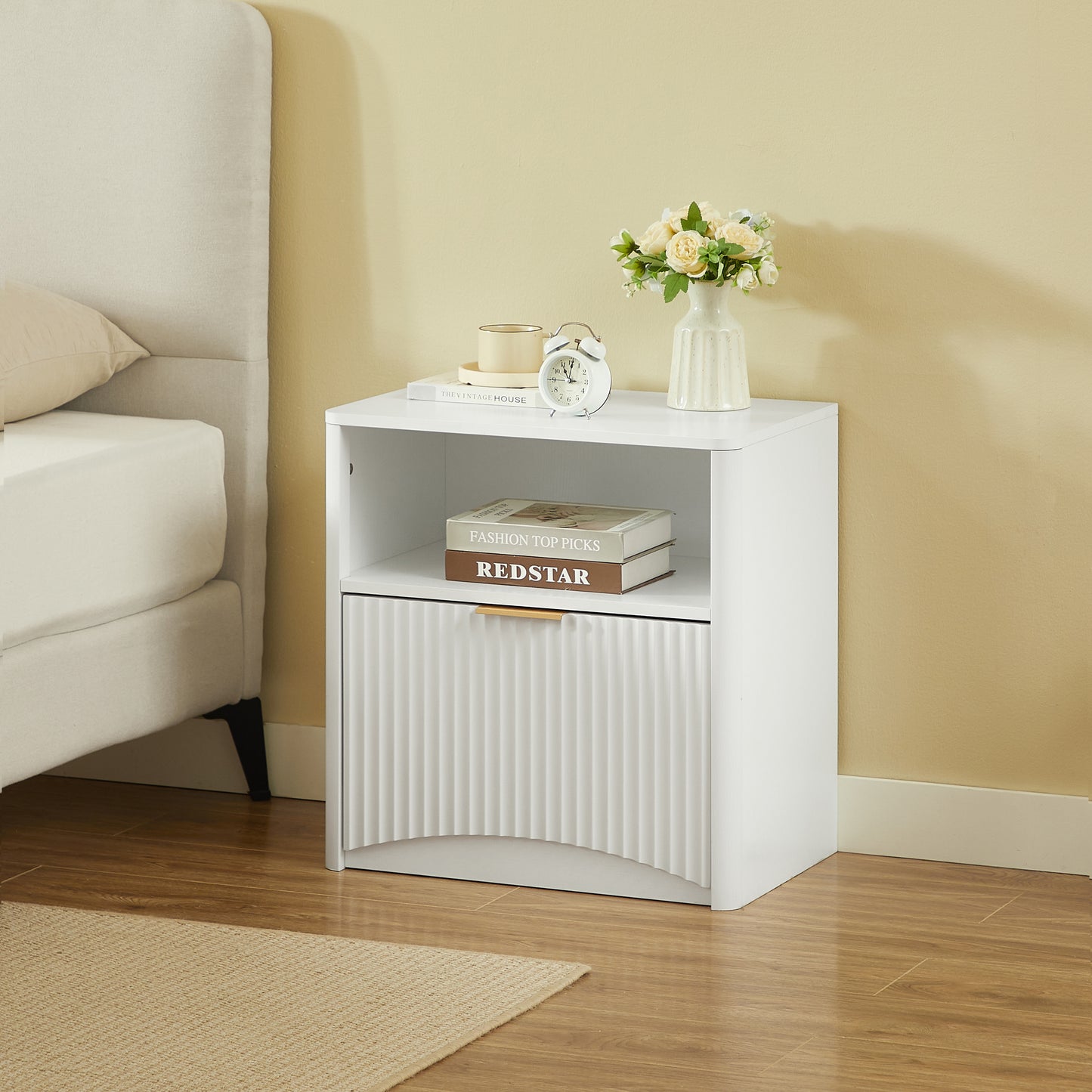 Space-Saving Nightstand with Open Drawer and Gold Knobs
