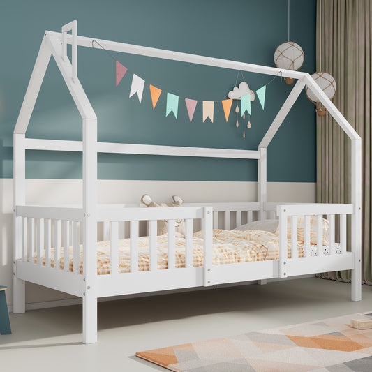 Gigab2b original image - Kinderbett Hausbett mit Schornstein,Robuste Lattenroste,Kiefernholz Haus Bett for Kids, 90 x 200 cm ohne Matratze, weiß[OLD SKU:WF324538AAW]