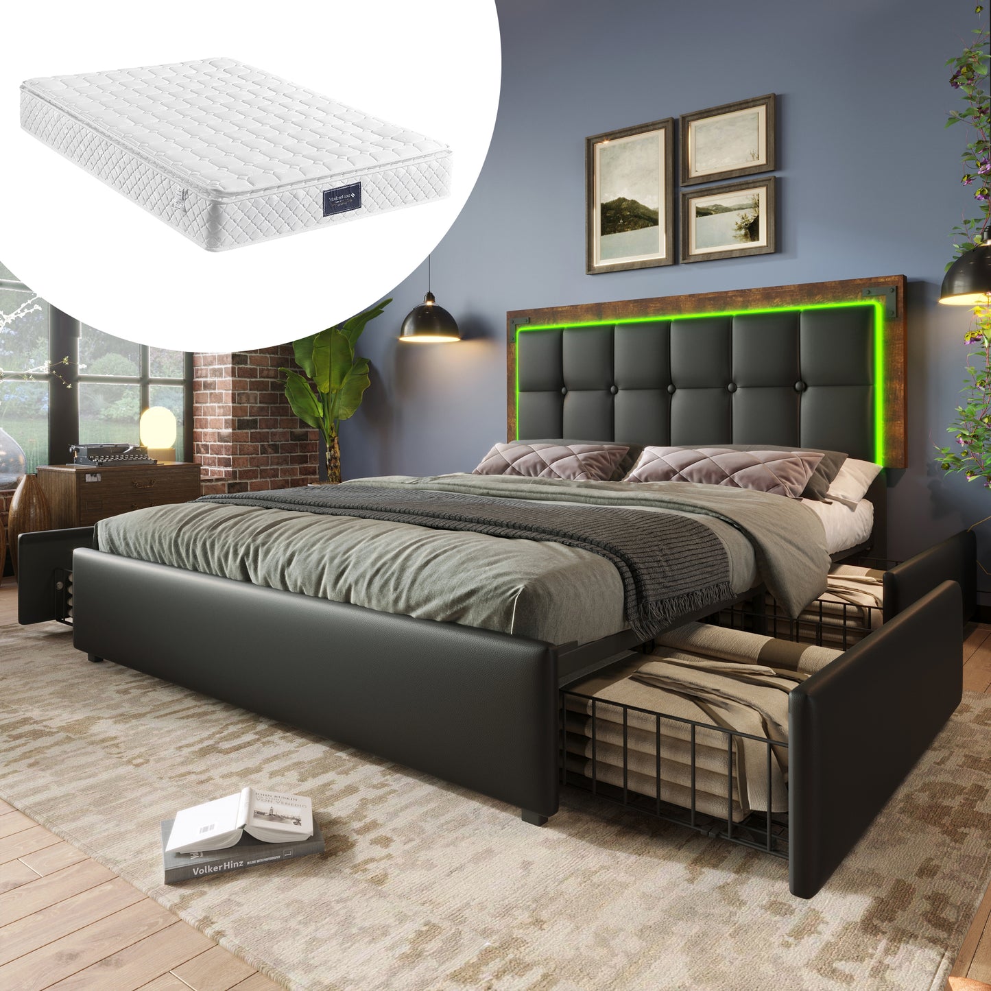 Bettgestell mit LED-Beleuchtungsleiste und 4 Schubladen, Doppelbett Polsterbett 160x200cm, Höhenverstellbarem Kopfteil, Funktionsbett, PU Schwarz (Mit Matratze)