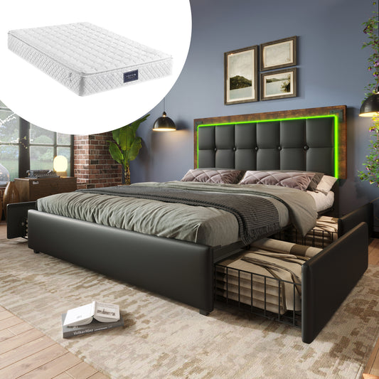 Bettgestell mit LED-Beleuchtungsleiste und 4 Schubladen, Doppelbett Polsterbett 140x200cm, Höhenverstellbarem Kopfteil, Funktionsbett, PU Schwarz (Mit Matratze)