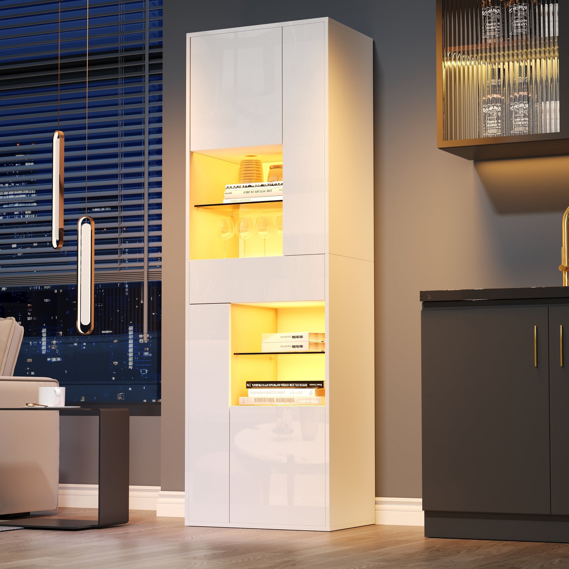 55*38*170cm Verkaufsvitrine, Hochschrank mit 1 Schublade und 4 Schränken,Glasvitrine Vitrinenschränke mit led beleuchtung, Vitrinen Mit Hochglanz-Design,Wohnzimmerschränke, Vitrinen, Schaukästen,Weiß