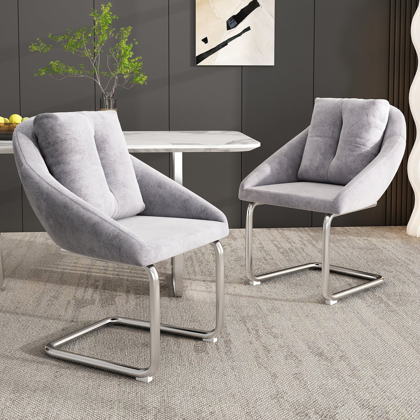 Gigab2b original image - Esszimmerstuhl aus Samt, 2er-Set mit Kissen, luxuriöser Drehstuhl für Wohnzimmer und Schlafzimmer, entspannender Drehstuhl, gewölbte Stützbeine, Grau