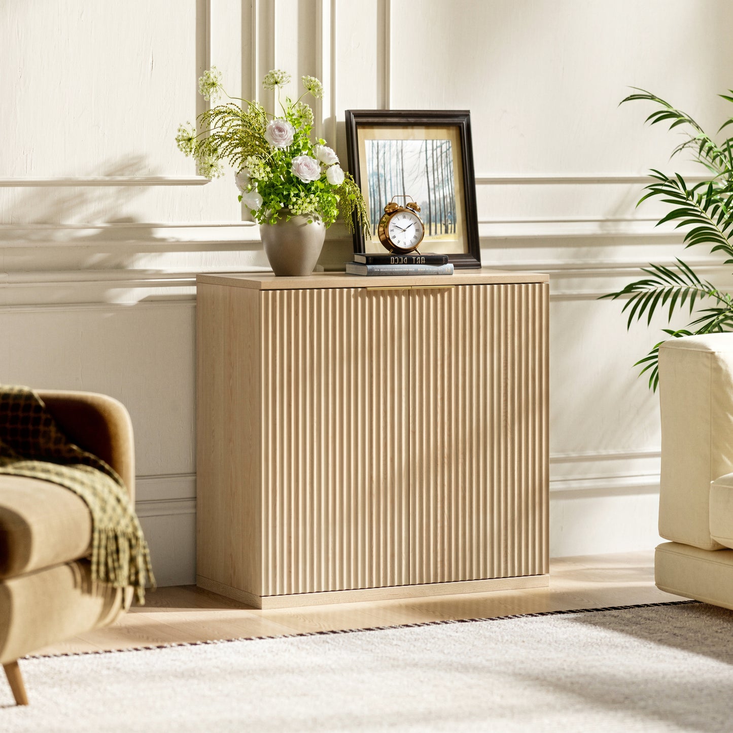 Gigab2b original image - Moderner Aufbewahrungsschrank mit Faltenfront und Metallgriff, Multifunktionaler Sideboard Schrank für Wohnzimmer & Schlafzimmer, Natur Hellholz Dekor, Eiche, 60x30x70 cm