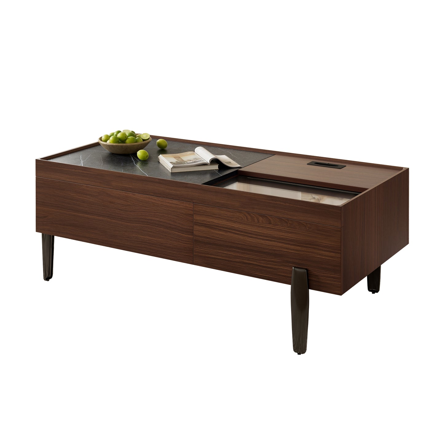 Gigab2b original image - Moderner Couchtisch mit Schubladen & Glasplatte – Dunkelbraunes Holzdesign, Holzmaserung in Marmoptik, Metallbeine & viel Stauraum für Wohnzimmer