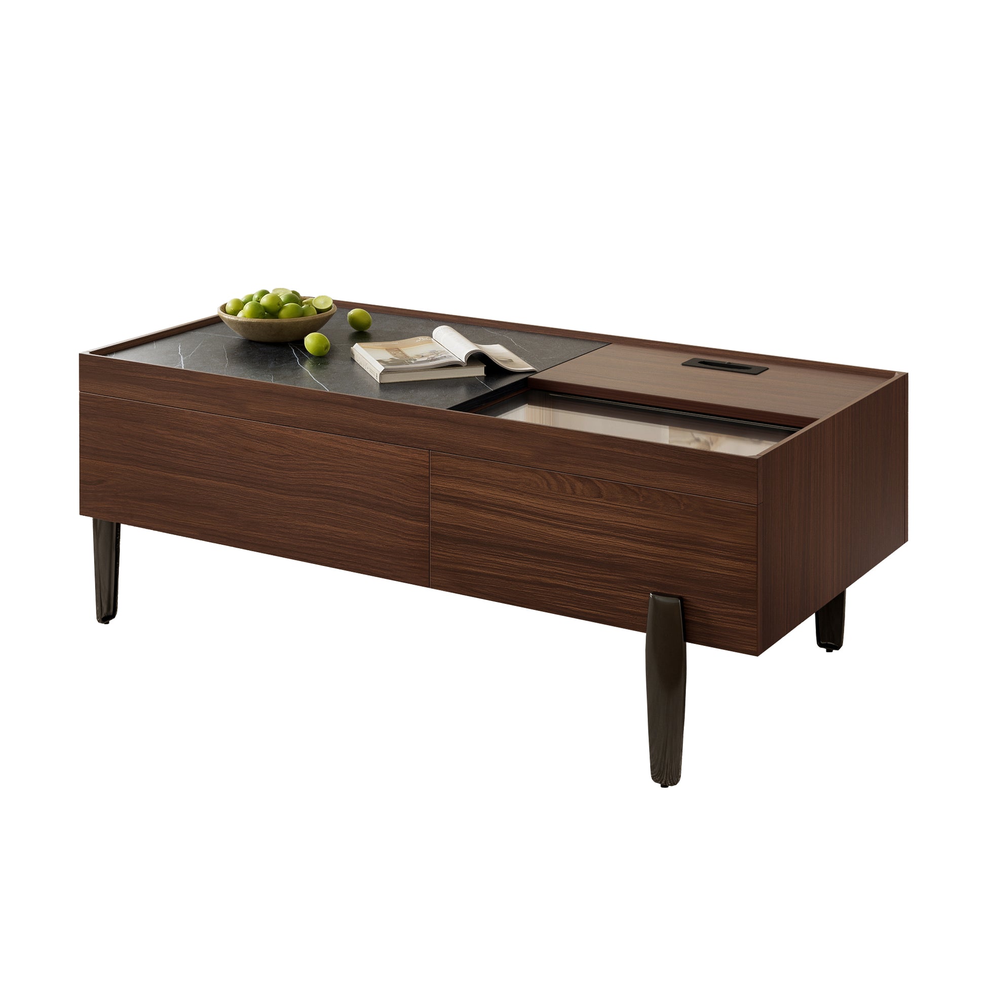 Gigab2b original image - Moderner Couchtisch mit Schubladen & Glasplatte – Dunkelbraunes Holzdesign, Holzmaserung in Marmoptik, Metallbeine & viel Stauraum für Wohnzimmer