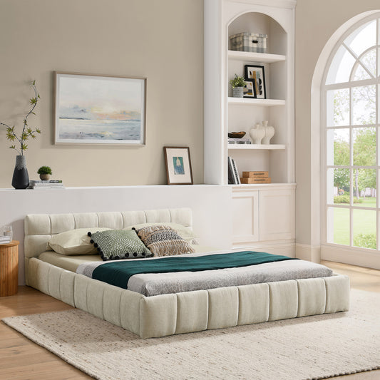 Gigab2b original image - Doppelbett 140*200 cm, Bett mit seidig weichem Chenille - Bezug, quadratischem Steppdesign, aus ökologischem Eukalyptusholz und stabilem Eisenrahmen, einfache Montage, Beige (ohne Matratze)
