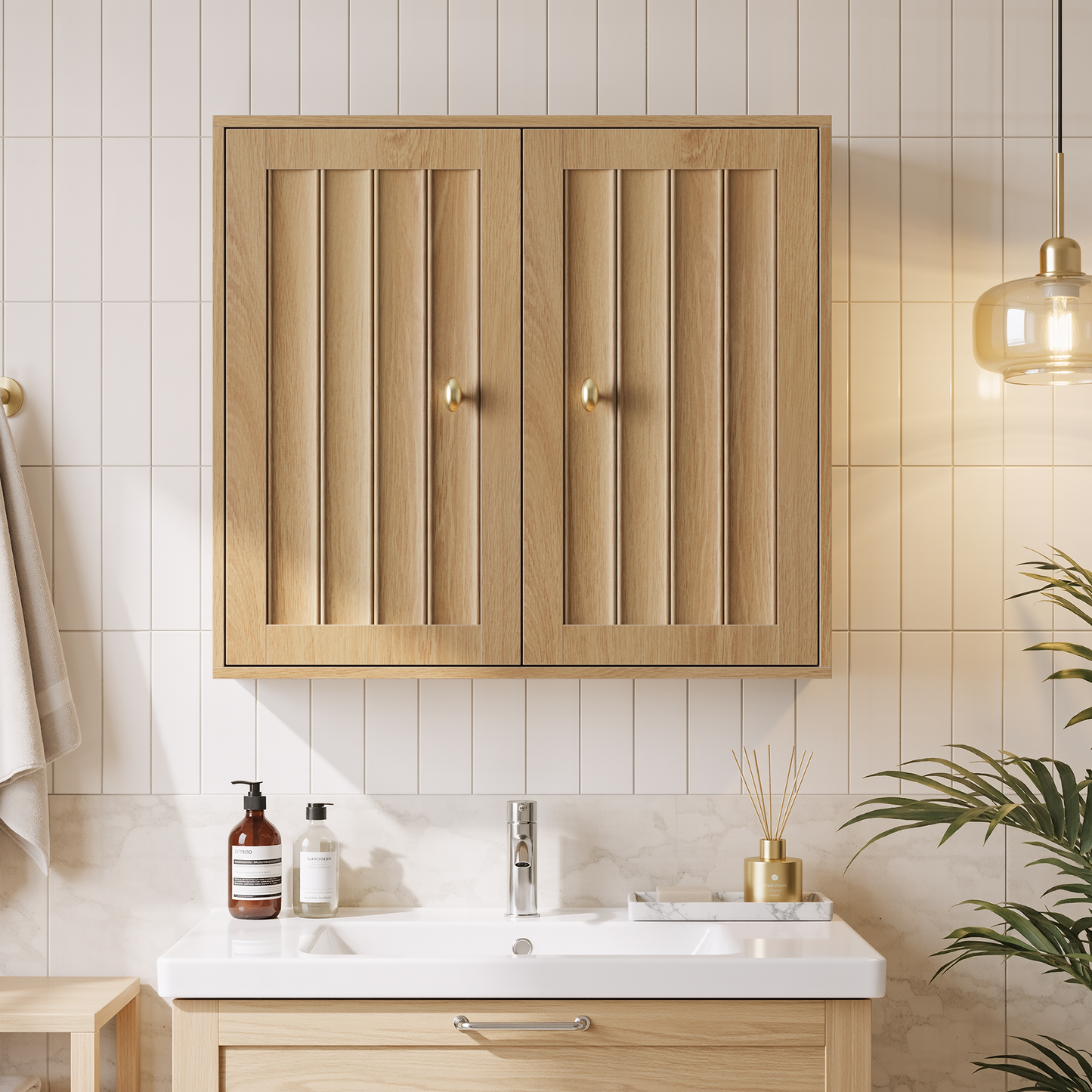 Gigab2b original image - Wandmontierter Badezimmerschrank, zweitüriger Medizinschrank mit vertikalem Rillendesign – Wandhängender Aufbewahrungsschrank für Badezimmer, Toiletten und Flure (Eiche)