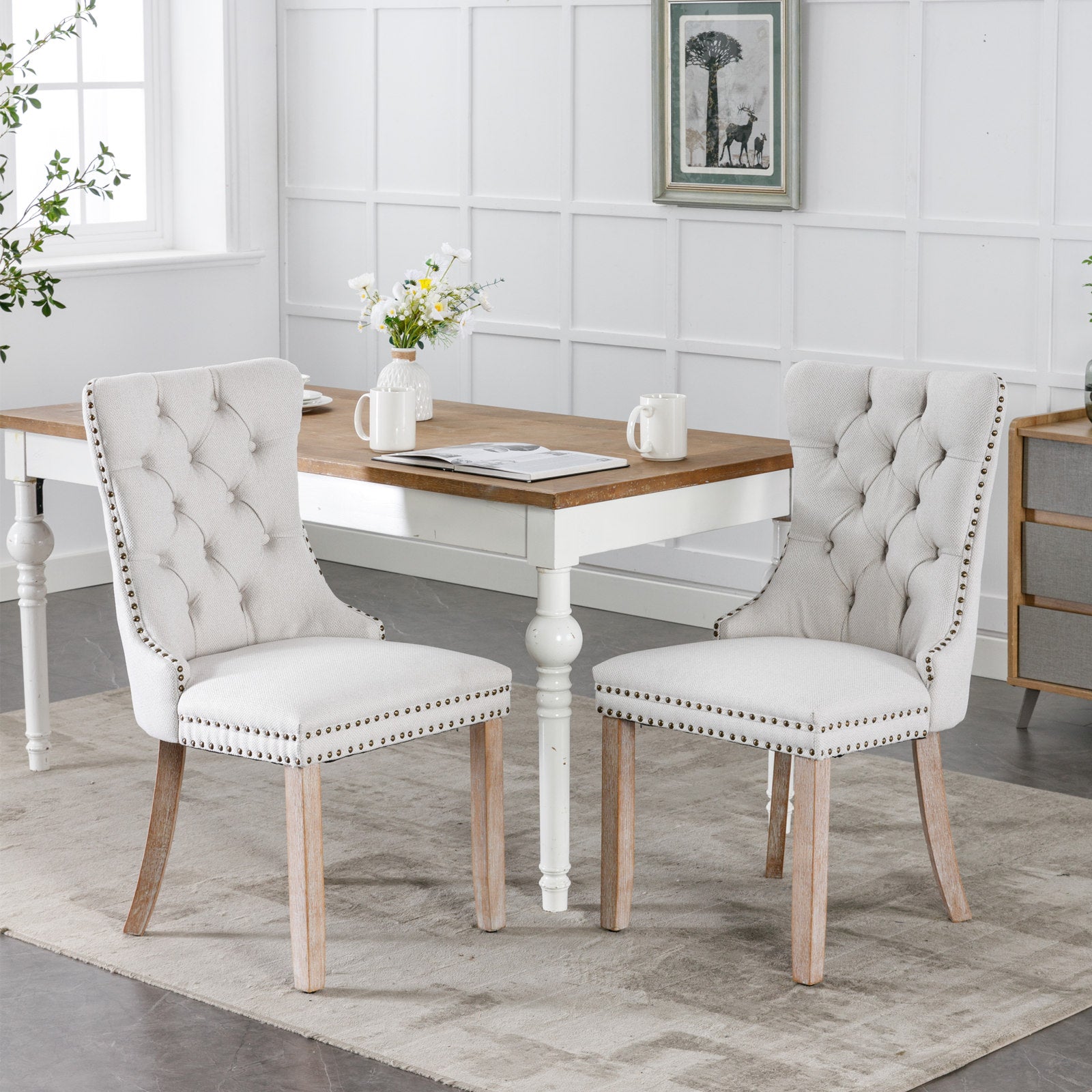 Gigab2b original image - Nikki Collection Modern, High-end Tufted Solid Wood Contemporary Flax Upholstered Linen Dining Chair with Wood Legs Nailhead Trim 2-Pcs Set, Beige color, DE6801BG