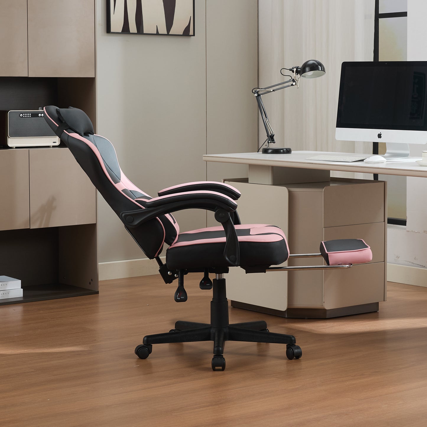 Kawaii Pink & Black Ergonomic Gaming Chair with Lumbar Support and Footrest