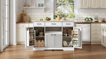 Mobile Kücheninsel mit klappbarer Arbeitsplatte, Küchenwagen, Stauraumschrank, Müllschrank, Buffetschrank mit Gewürzregal, Schublade und Rollen, 120 × 45 (70) × 87 cm