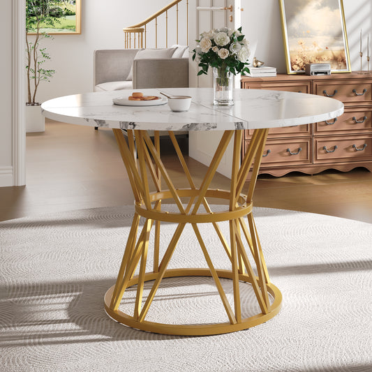 Gigab2b original image - Runder Esstisch (100×100×76cm), Küchen-Esstisch, runder Couchtisch für 4 Personen, geeignet für Esszimmer, Wohnzimmer, stilvolle Tischbeine aus Metall, Tischplatte aus MDF-Marmor, Gold