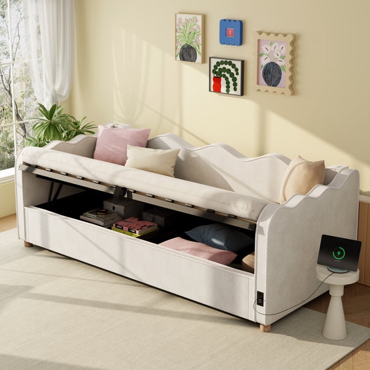 Daybett 90x200 cm mit hydraulischem Stauraum, Polsterbett, Tagesbett, Schlafsofa mit USB & Rückenlehne, samt, beige
