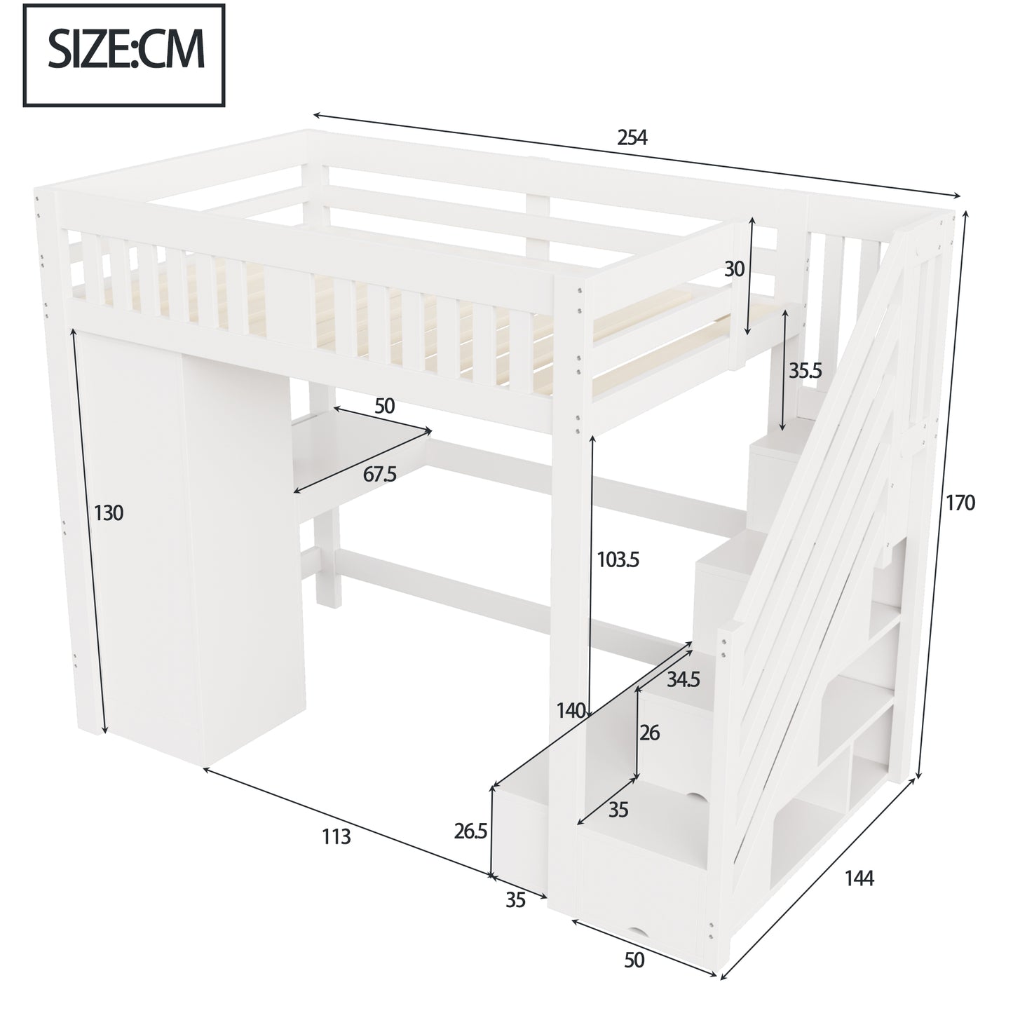 Wooden Bed, Stairs with Storage, and Desk Set