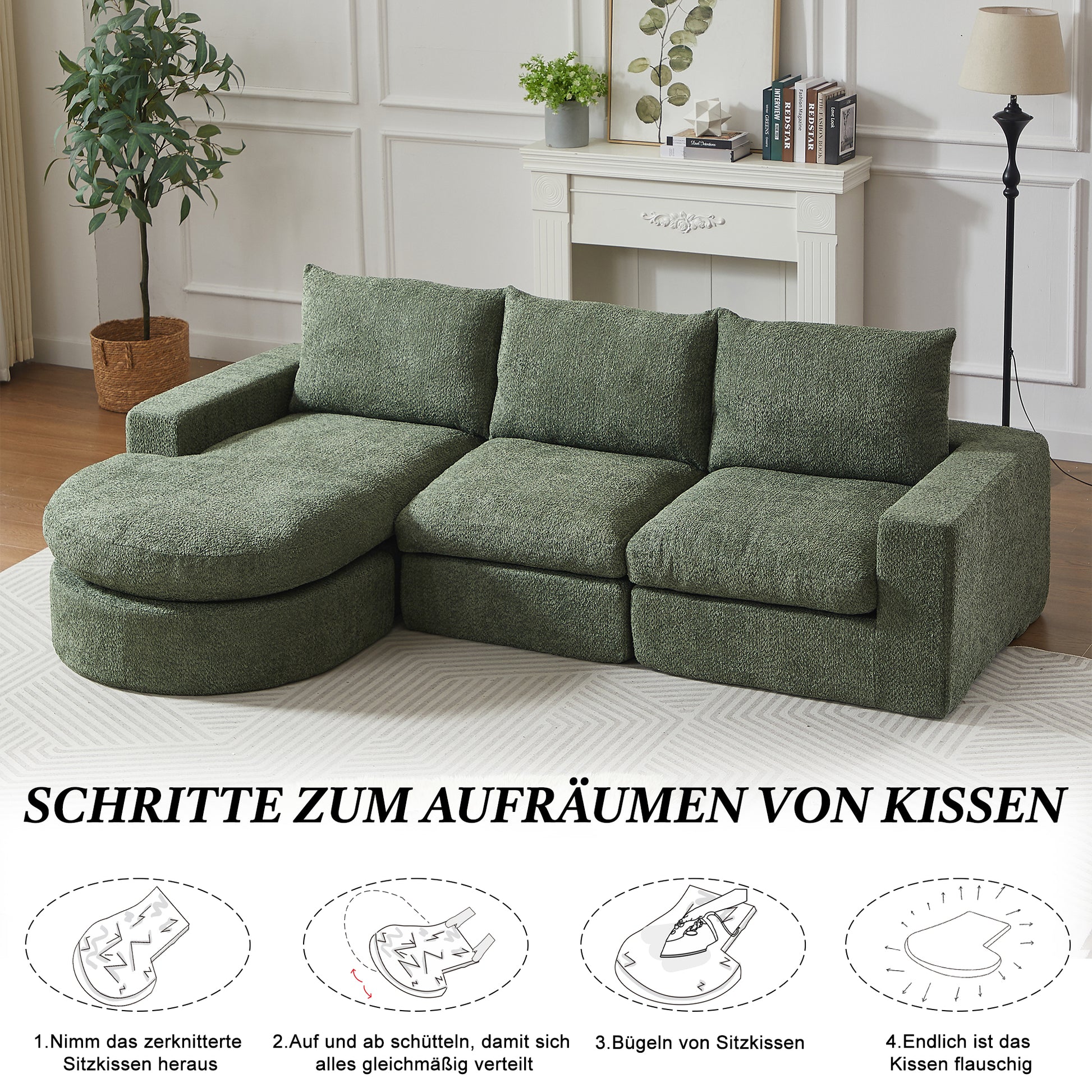Chenille-Sofa mit gebogenen Elementen und Liegestuhl, vollständig komprimiert und ohne Gestell, modulares Kombinationssofa L-Liegestuhl, Schaumstoff-Kompressionssofa, keine Montage erforderlich
