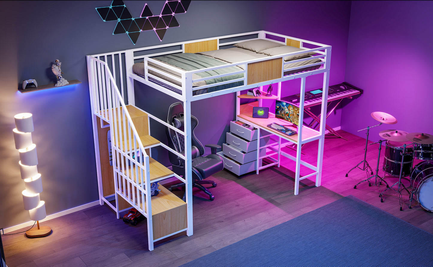 Metal Loft Bed with Desk, Storage, and Clothes Rail