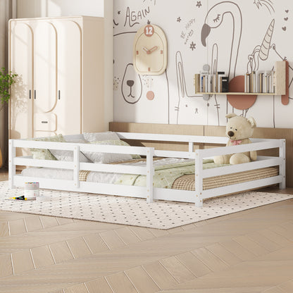 Montessori Bodenbett mit 4-Seiten-Gitter – Vollflächig, kein Lattenrost benötigt, Kiefernholz, einfach aufzubauen (140x200 cm, weiß)