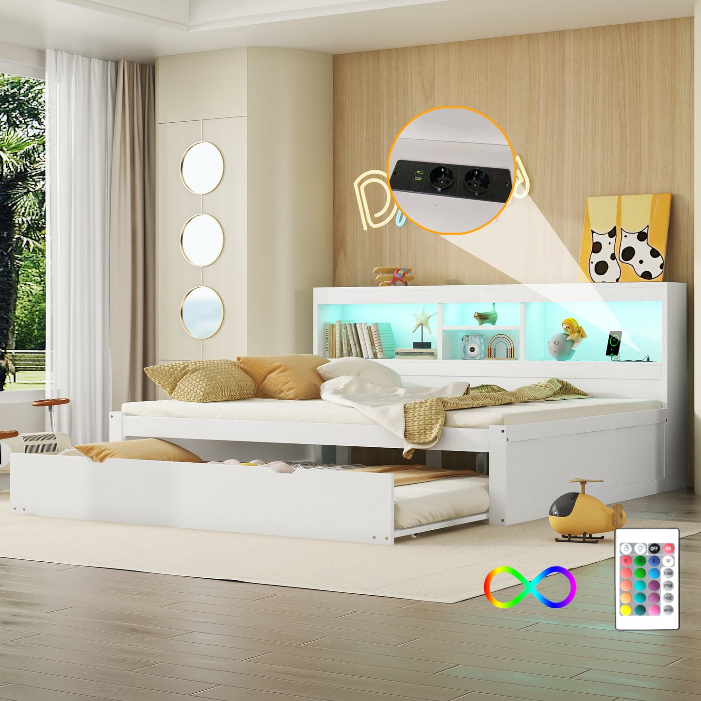 Gigab2b original image - Schlafsofa, Daybett, Tagesbett, 140*200cm , Mit LED-Leuchten, Bettseitiges Staufach, Ausziehbares Bett, Steckdose + USB, Ohne Matratze, Weiß