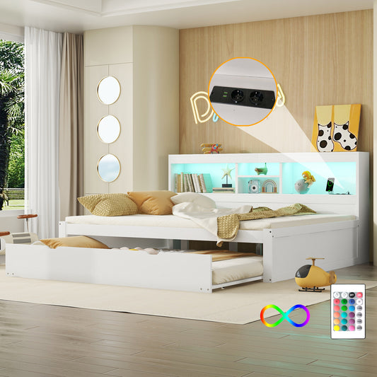 Gigab2b original image - Schlafsofa, Daybett, Tagesbett, 140*200cm , Mit LED-Leuchten, Bettseitiges Staufach, Ausziehbares Bett, Steckdose + USB, Ohne Matratze, Weiß