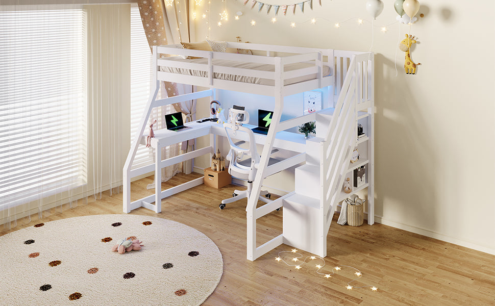 90x200 großes Hochbett aus Holz mit Schreibtisch, LED-Beleuchtung, USB-Anschluss und Treppe mit Stauraum, Weiß