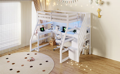 90x200 großes Hochbett aus Holz mit Schreibtisch, LED-Beleuchtung, USB-Anschluss und Treppe mit Stauraum, Weiß