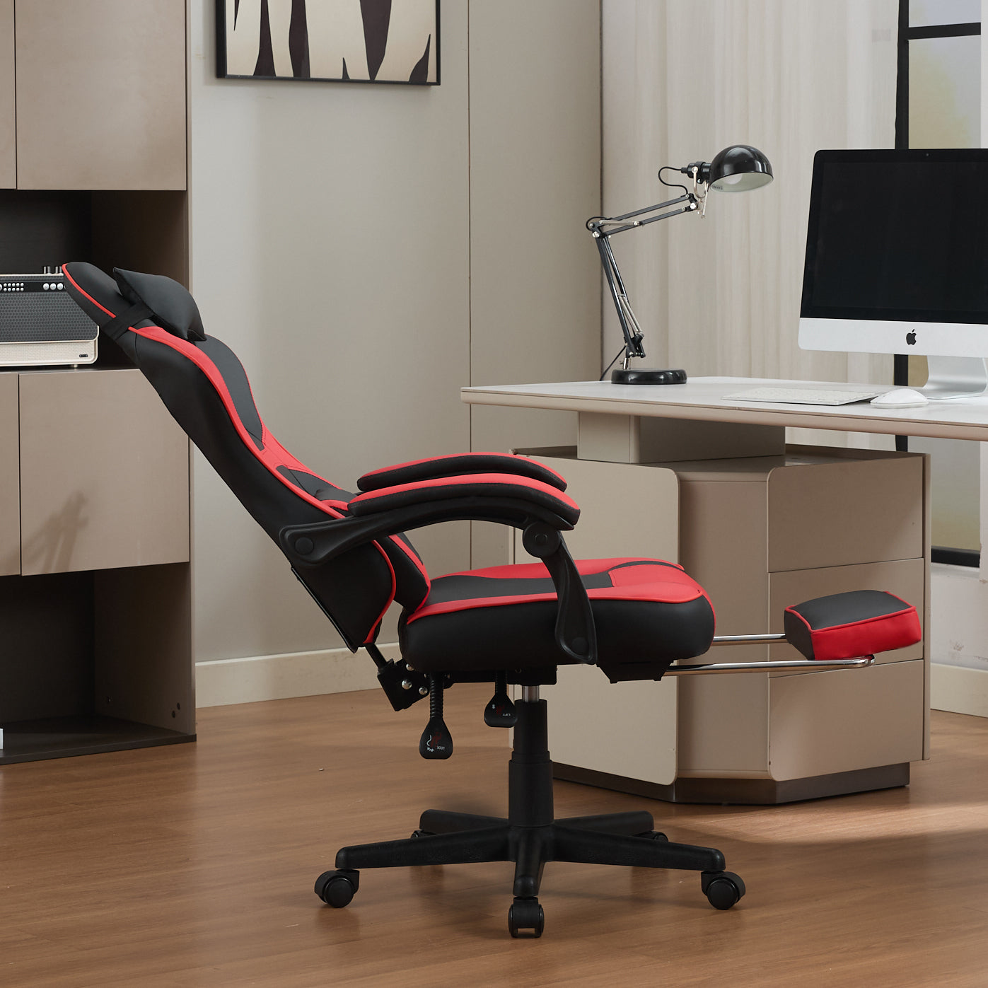 Ergonomic Gaming Chair in Black and Red with Footrest