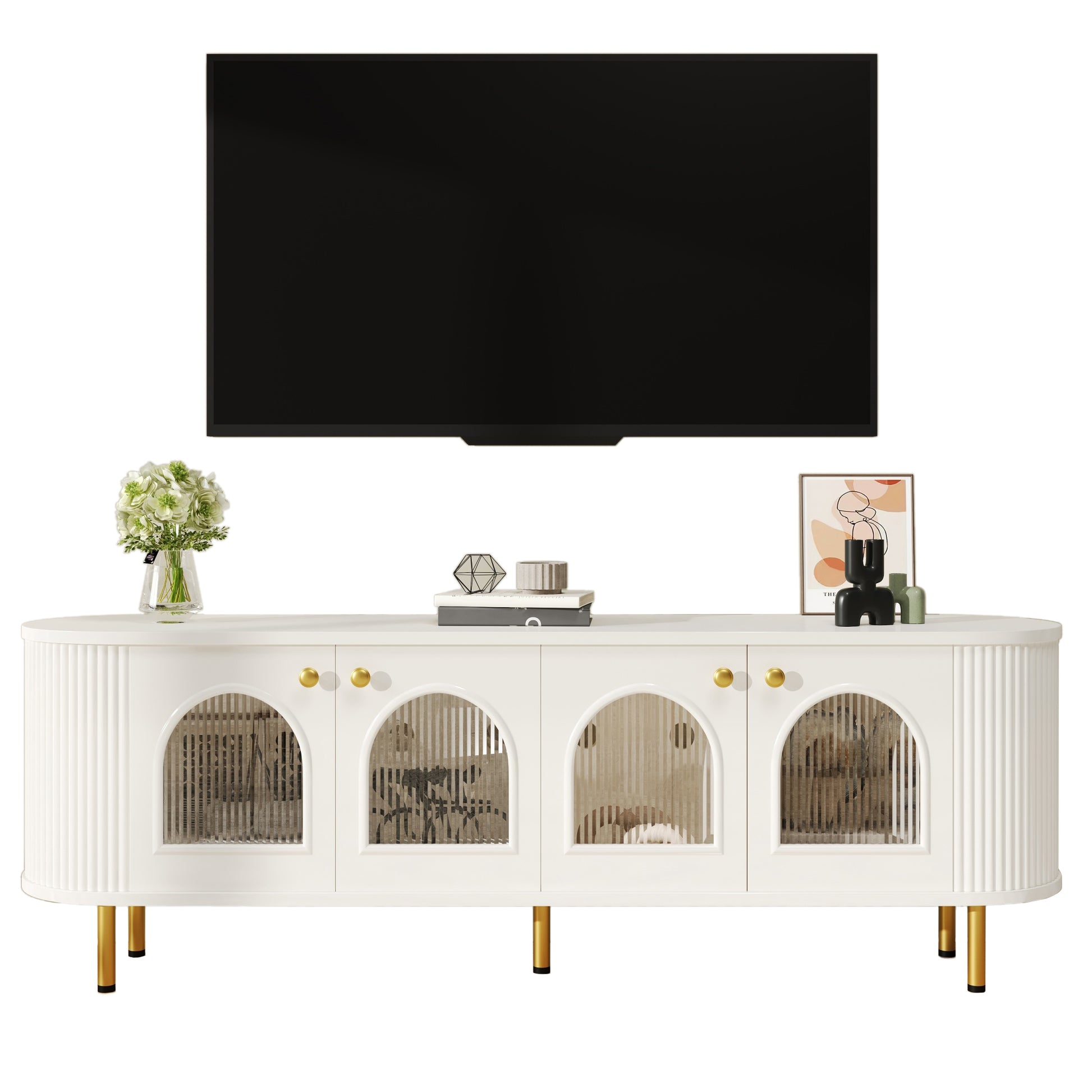 Gigab2b original image - TV-Schrank, Lowboard mit Glastüren, praktische Aufbewahrungsmöbel fürs Wohnzimmer, goldene Griffe und Beine