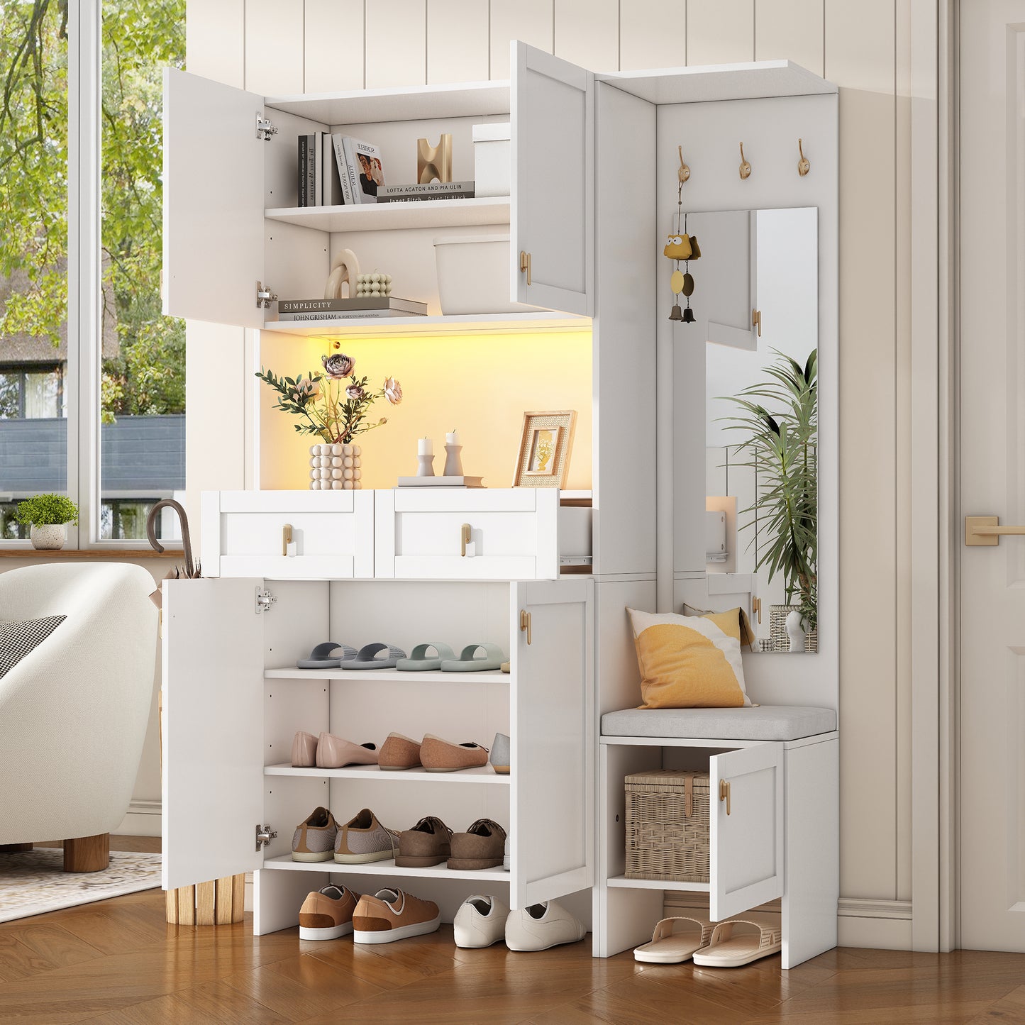 Gigab2b original image - Garderoben-Set, Wandgarderobe; Garderoben-Set mit Schuhbank und Schuhschrank, mit 3 Haken, 5 Türen, 2 Schubladen, 1 Spiegel, weiße Flurmöbel (B 120× H180× T33.5cm)