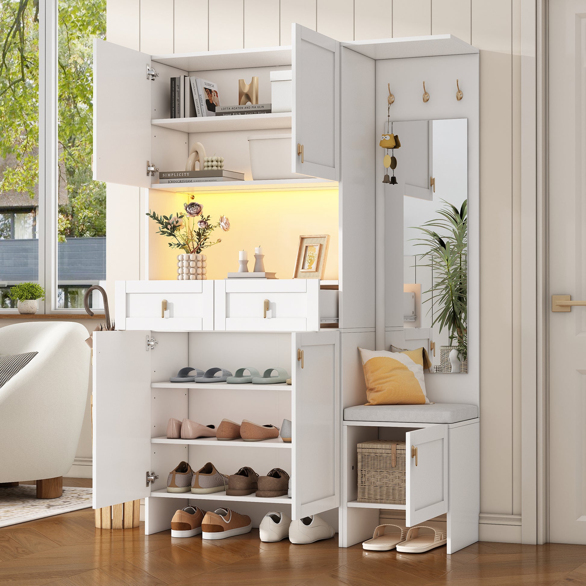 Gigab2b original image - Garderoben-Set, Wandgarderobe; Garderoben-Set mit Schuhbank und Schuhschrank, mit 3 Haken, 5 Türen, 2 Schubladen, 1 Spiegel, weiße Flurmöbel (B 120× H180× T33.5cm)