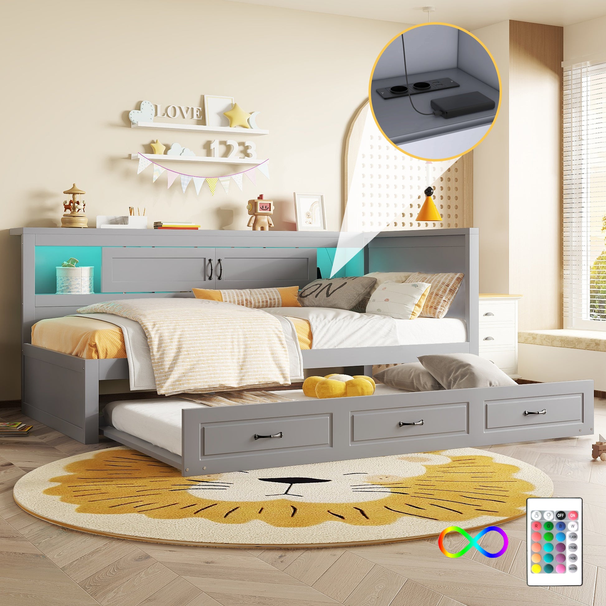 Gigab2b original image - Schlafsofa, Daybett, Tagesbett, 90*200cm , Mit LED-Leuchten, Bettseitiges Staufach, Ausziehbares Bett, Steckdose + USB, Ohne Matratze, Grau