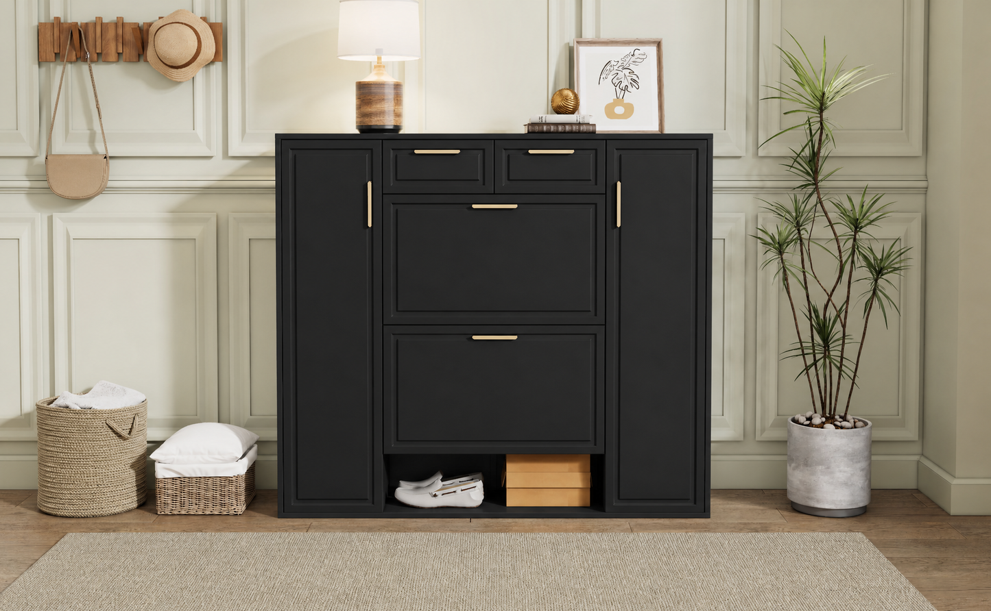 Moderne Schuhschrank, mit verstellbaren Regalen, goldenen Griffen, 2 Schubladen, Klappschuhschrank und 2 Türen, Schwarz, B120/D24/H107 CM