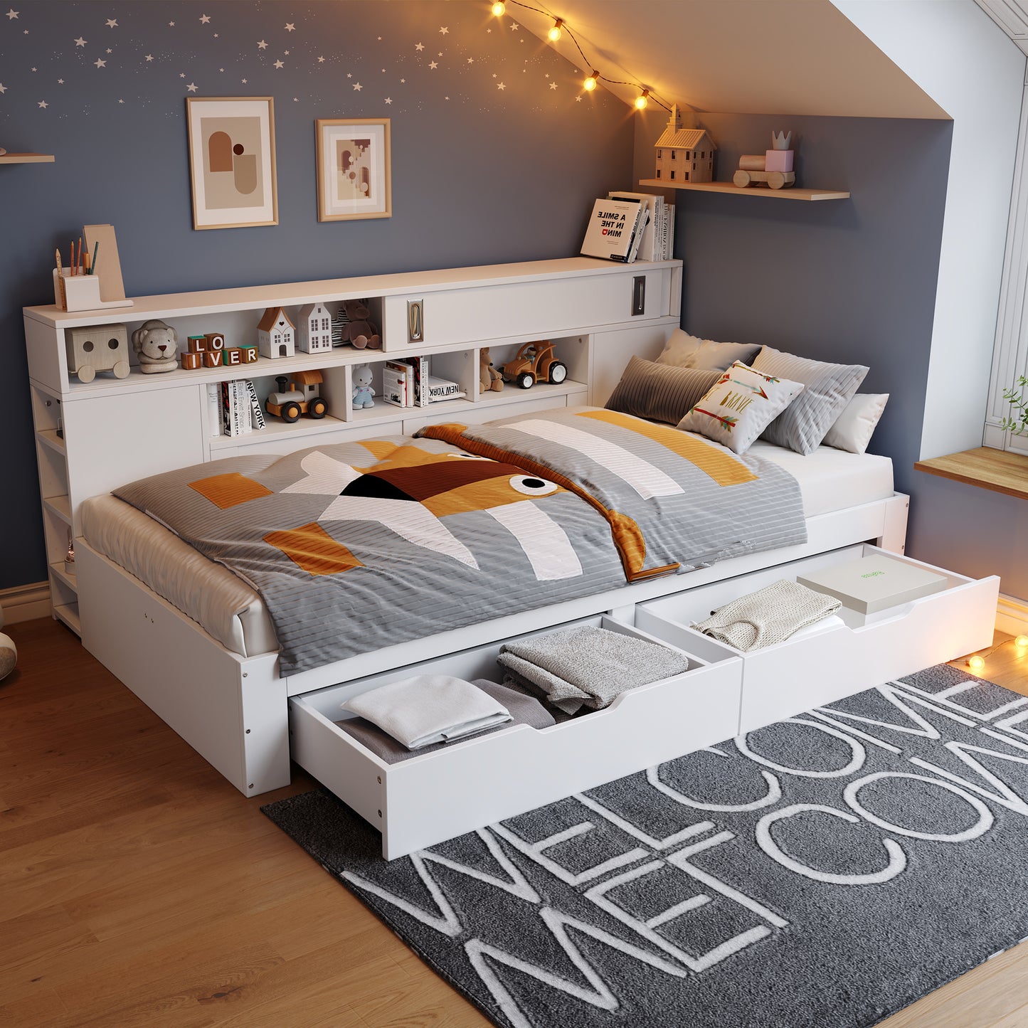 Gigab2b original image - Lit de jour pour enfant, 90 x 190 cm, lit simple, lit enfant multifonctionnel avec tiroirs, étagère et armoire de rangement, coffre de lit avec espace de rangement, sans matelas, blanc