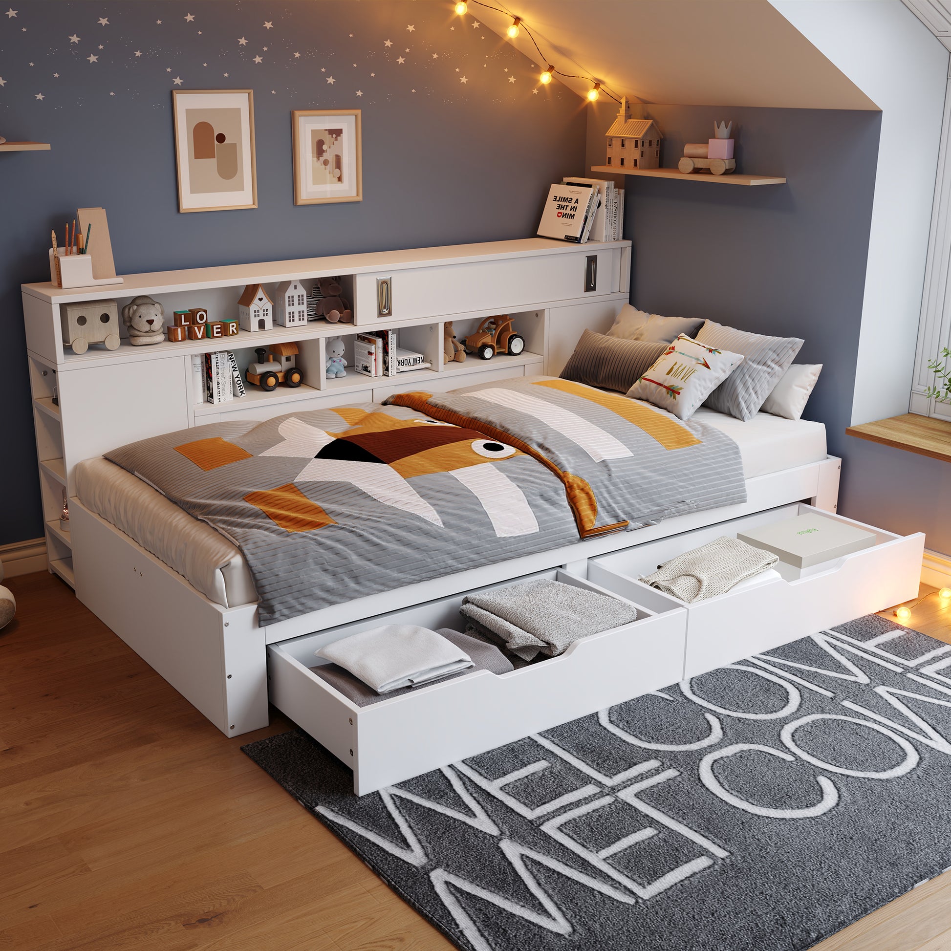 Daybed, Stauraumbett 140x200 cm, Multifunktionales Stauraumbett mit Schubladen, Regalen und Stauschränken, Bettkasten mit Stauraum, für Erwachsene geeignet, ohne Matratze, Weiß