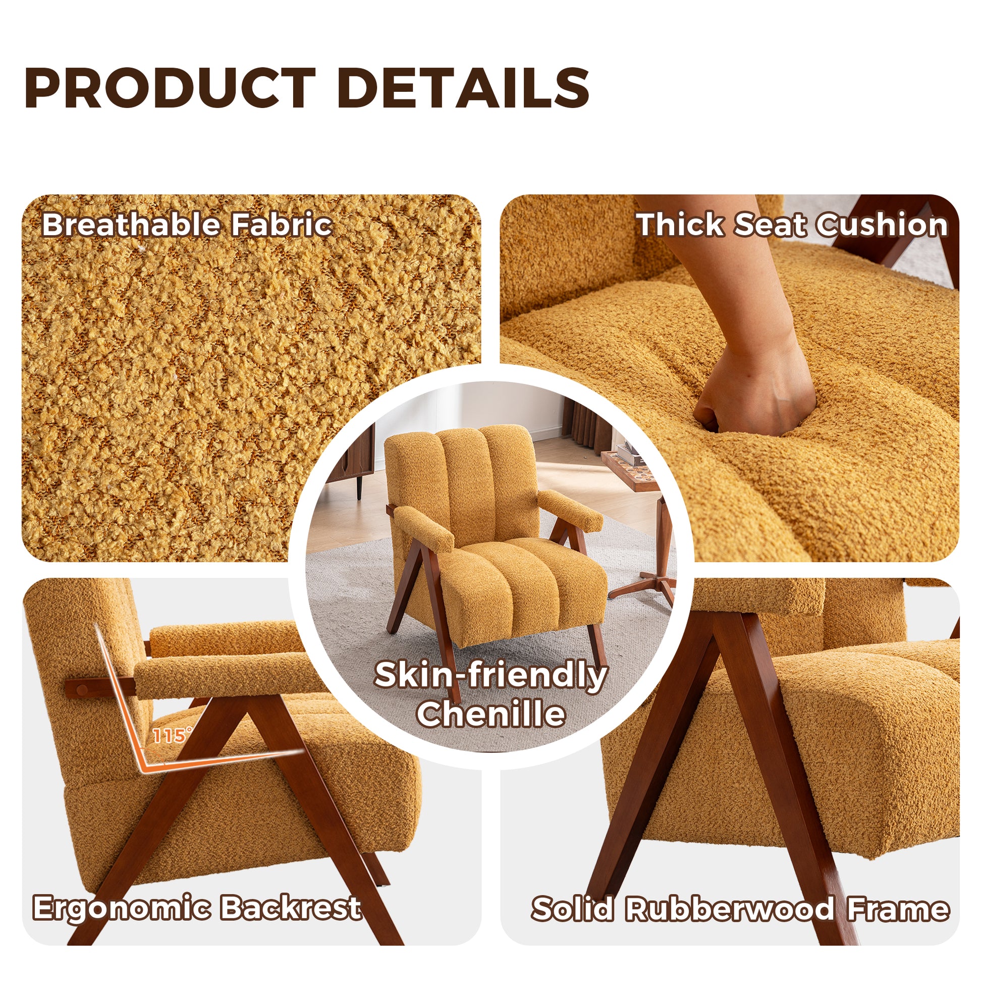 Bouclé-Sitzmöbel mit Holzrahmen, Armlehnenstuhl für Wohnzimmer, Schlafzimmer, Gelb