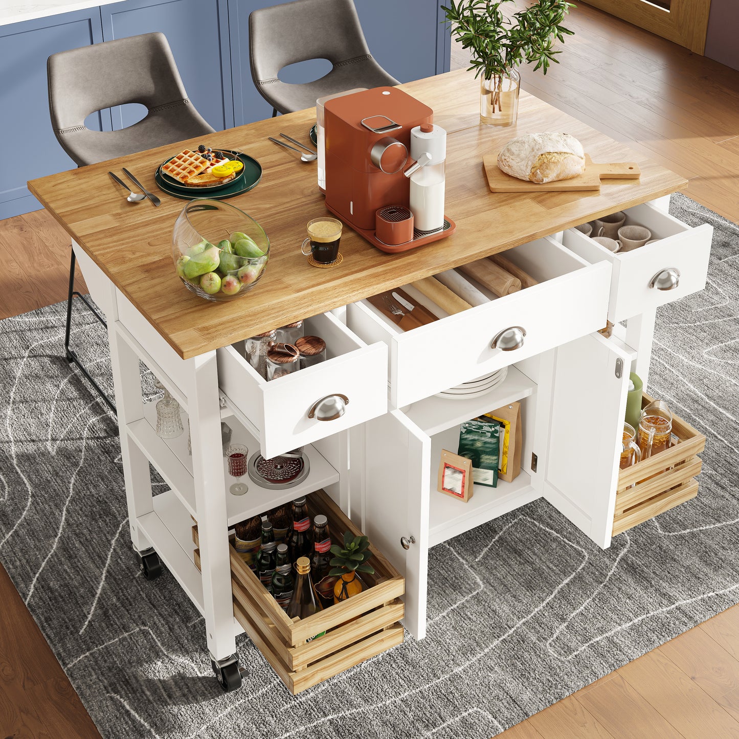 Gigab2b original image - Moderne Kücheninsel (120×45×90cm) Küchenschrank Essschrank Esszimmerwagen Esszimmerwagen Holzmaserung Esszimmerwagen Esszimmerschrank Multifunktions-Esstisch mit Kiefernkorb Aufbewahrungskorb, weiß