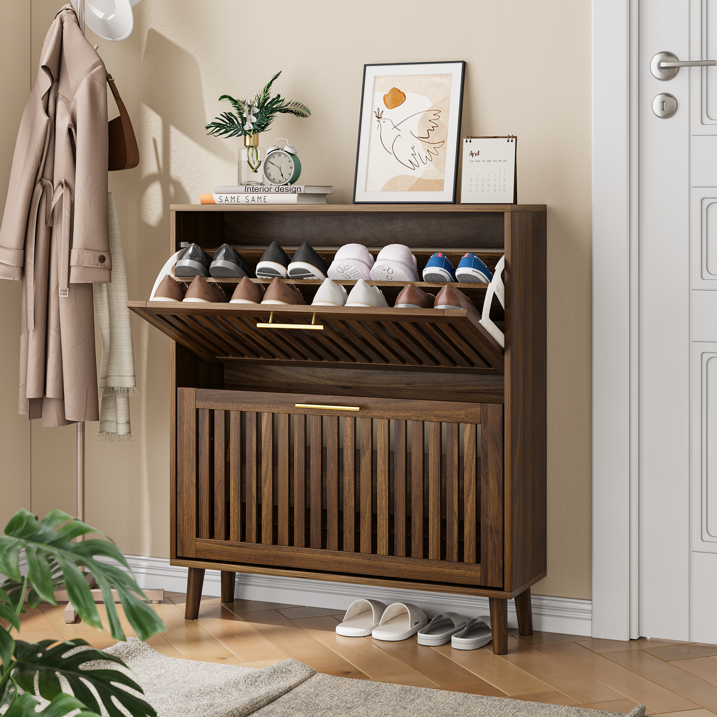 80 cm breiter Schuhschrank aus Walnussholz, freistehender Schuhschrank im mittelalterlich-modernen Stil mit zwei Klappschubladen, geeignet für Flure und Eingangsbereiche, 1 Stück