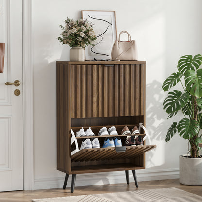 60 cm Schuhschrank aus Walnussholz – Freistehende Schuhaufbewahrung im Mid-Century-Modern-Stil mit zwei Klappfächern und gerilltem Design – Ideal für Flure und Eingangsbereiche