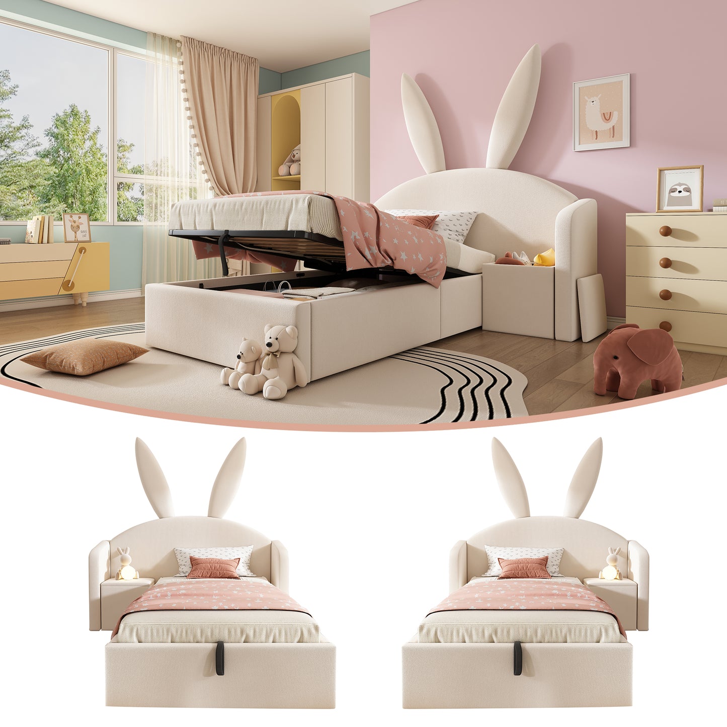 Gigab2b original image - Jugendbett 90x200cm mit Bettkasten Hydraulisch, Polsterbett mit Nachttisch & Hasenohr-Design, Samtstoff Bettgestell, Beige (Ohne Matratze)