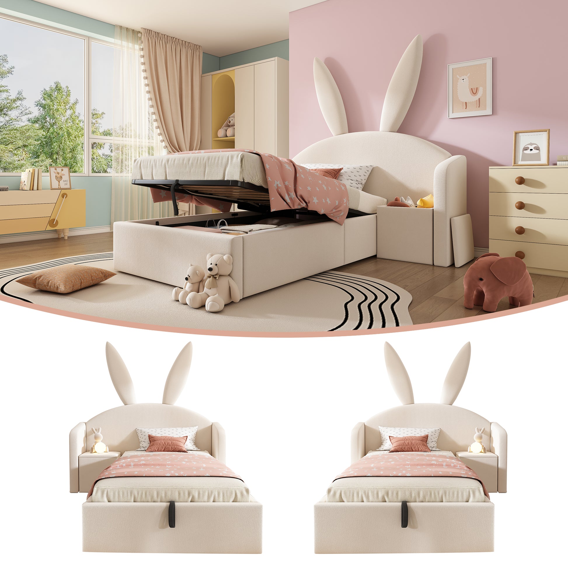 Gigab2b original image - Jugendbett 90x200cm mit Bettkasten Hydraulisch, Polsterbett mit Nachttisch & Hasenohr-Design, Samtstoff Bettgestell, Beige (Ohne Matratze)