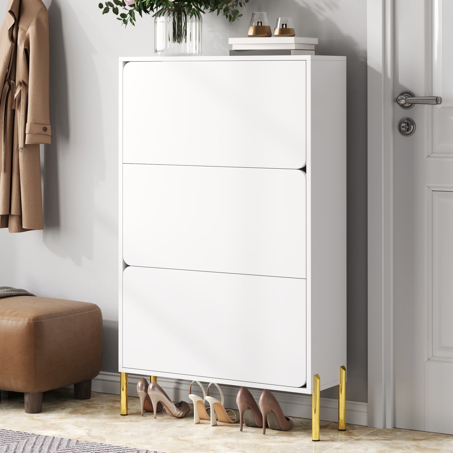 Gigab2b original image - Moderner minimalistischer Schuhschrank ,Drei Türen ,Großes Fassungsvermögen , Goldene Schrankfüße , Stilvoll und praktisch , Geeignet für den Eingangsbereich oder das Foyer.