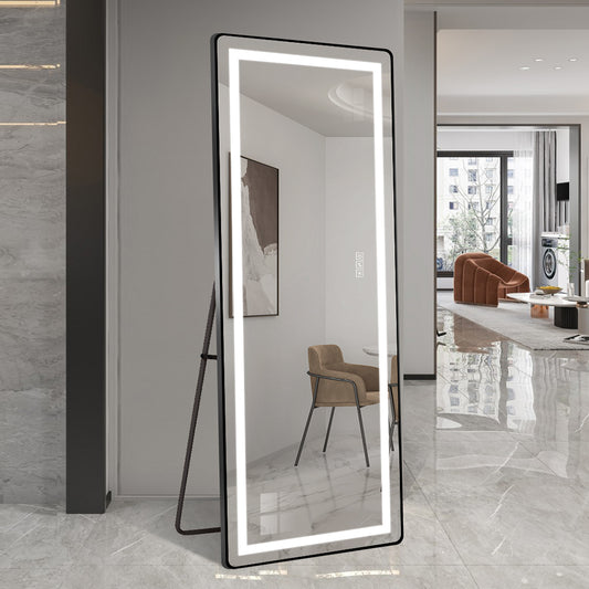 163*54CM Full-length vertical mirror with LED light, illuminated floor mirror with bracket, dimming wall mirror with full-length aluminum alloy thin frame, black
