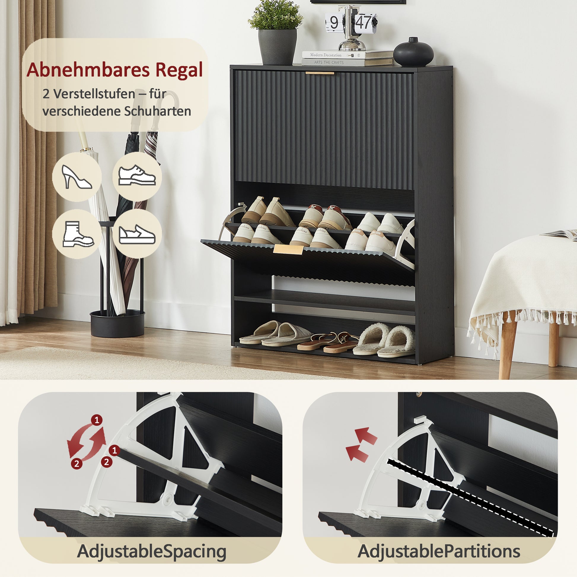 80 x 24 cm Schuhschrank mit Nutfront – Höhenverstellbar mit Kippschutz und Dekotisch für den Flur, in Schwarz