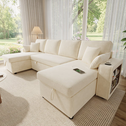 U‑förmiges Ecksofa mit Schlaffunktion, ausziehbares Schlafsofa, integrierter Stauraum, doppelte Chaiselongue mit verstecktem Stauraum, Becherhalter, USB‑Ladeanschluss und Armlehnen‑Ablage,Beige