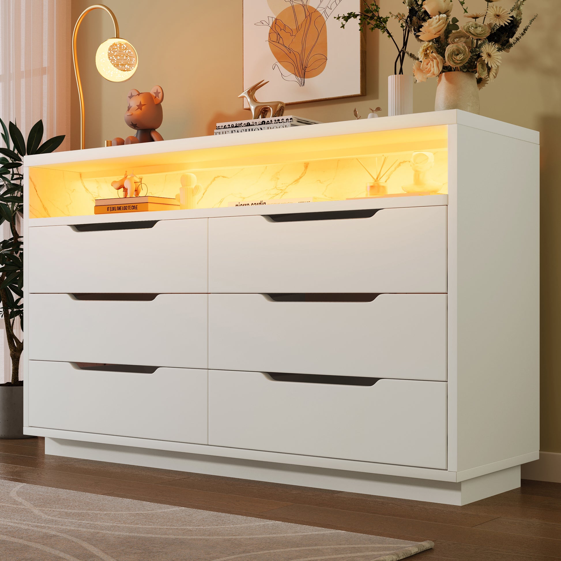Gigab2b original image - Sideboard, Kommode mit LED-Beleuchtung und 6 Schubladen, Staufach mit Marmorkorn, Moderner Schrank für Wohnzimmer und Schlafzimmer, 120x40x85cm, Weiß