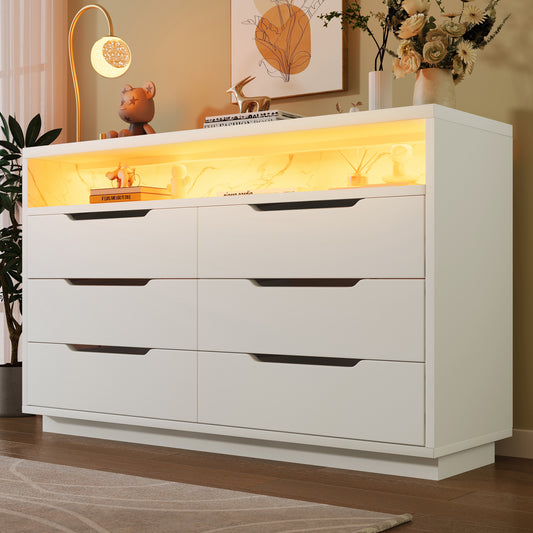Gigab2b original image - Sideboard, Kommode mit LED-Beleuchtung und 6 Schubladen, Staufach mit Marmorkorn, Moderner Schrank für Wohnzimmer und Schlafzimmer, 120x40x85cm, Weiß