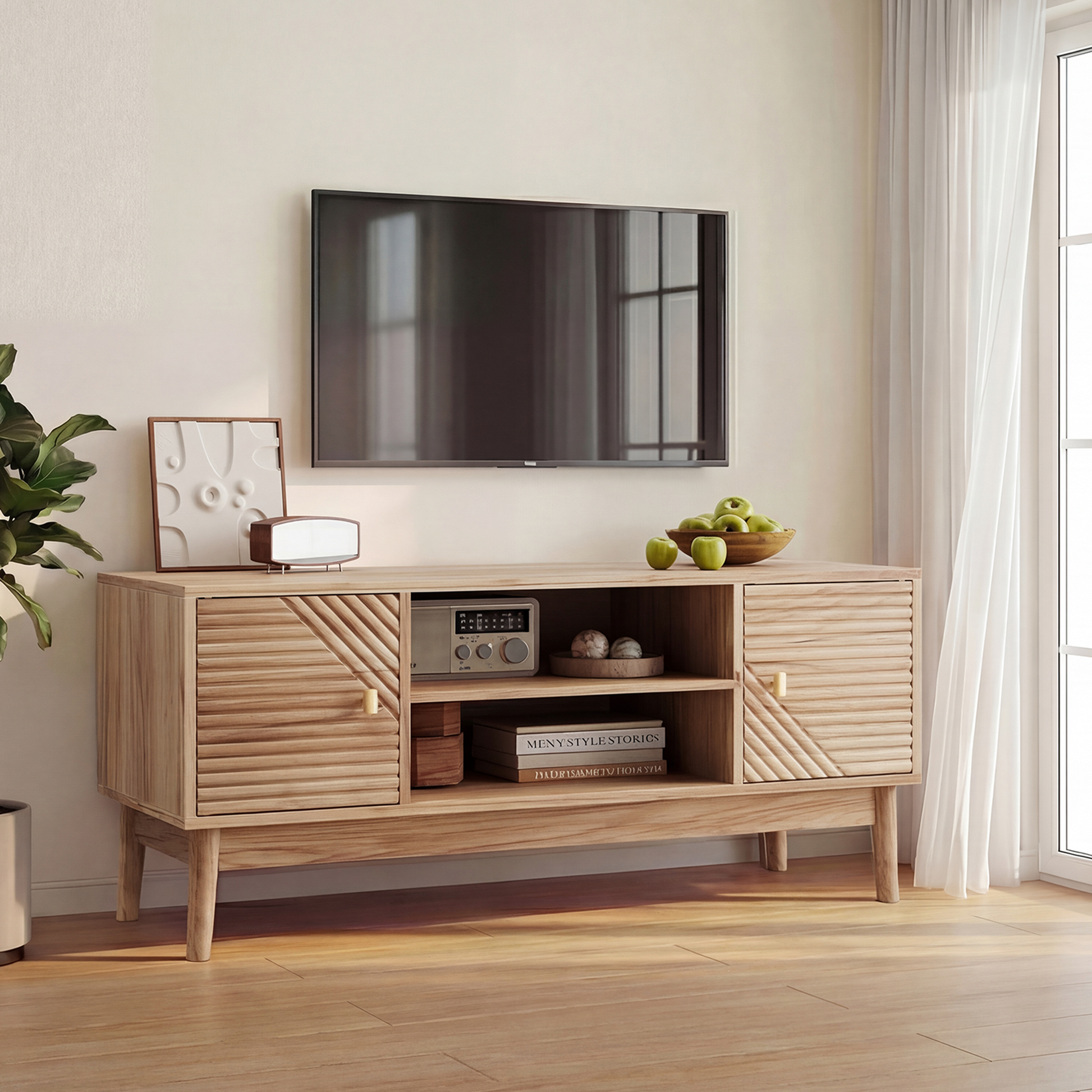 110 cm hoher TV-Ständer, TV-Ständer im Mid-Century-Modern-Stil, geeignet für 32/45-Zoll-Fernseher, Entertainment-Center mit Stauraum, Medienkonsole für Wohn- und Schlafzimmer, Eichenfarbe