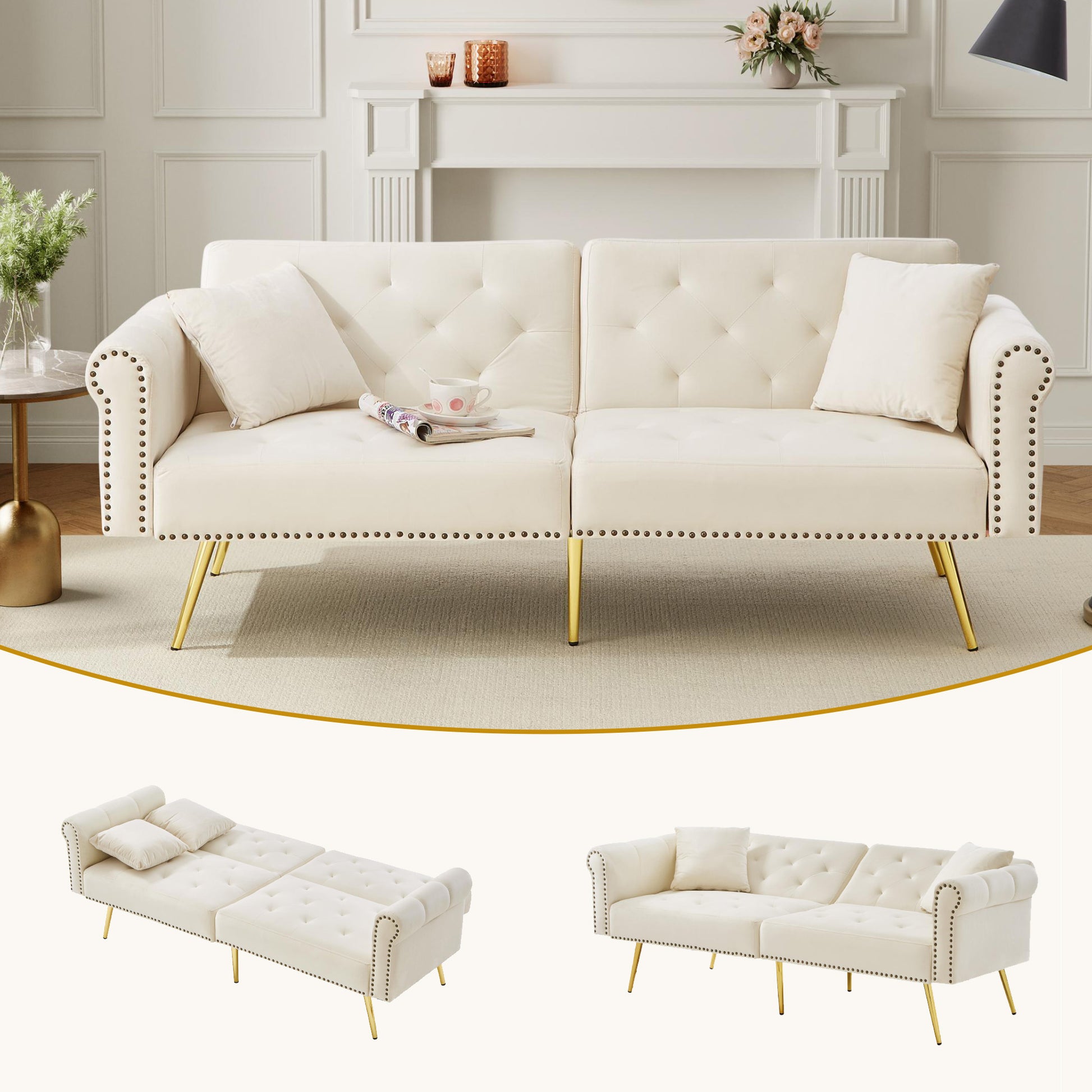 Gigab2b original image - Modernes 2-Sitzer-Schlafsofa – Samtbezug, Rückenlehne mit 3-stufiger Verstellung & vergoldete Metallfüße Stilvolles Sofa mit Schlaffunktion – platzsparend, belastbar, ideal für kleine Räume